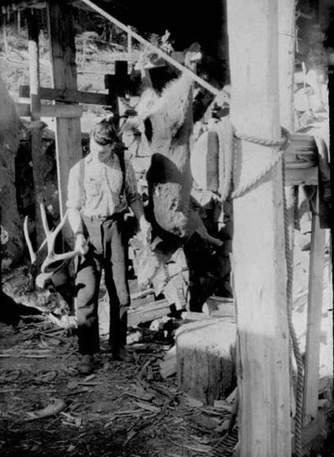 A man stands holding the anterlers of a mule deer buck. Another deer hangs ready to be processed. Donated by Speed Weidner through Priest Lake Museum.