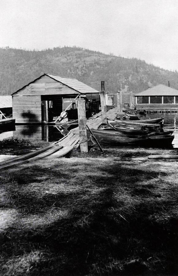 View of Coolin Marina and dock at Coolin, Idaho. Donated by Harriet (Klein) Allen through Priest Lake Museum.