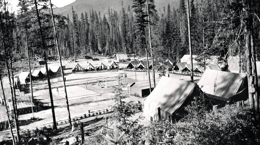 View of an unidentified CCC tent camp near Priest River, Idaho. Donated by Marjorie (Paul) Roberts through Priest Lake Museum.