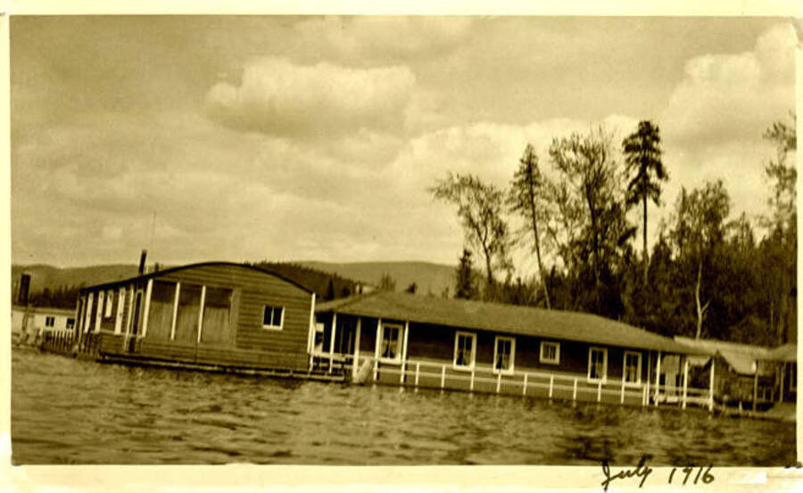 View of the Schaffer float house in Coolin, Idaho. Donated by Marjorie Paul Roberts via Priest Lake Museum.