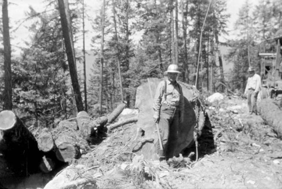 A man stands in front of a large log, while another stands off to the side in the background. Donated by Speed Weidner through Priest Lake Museum.
