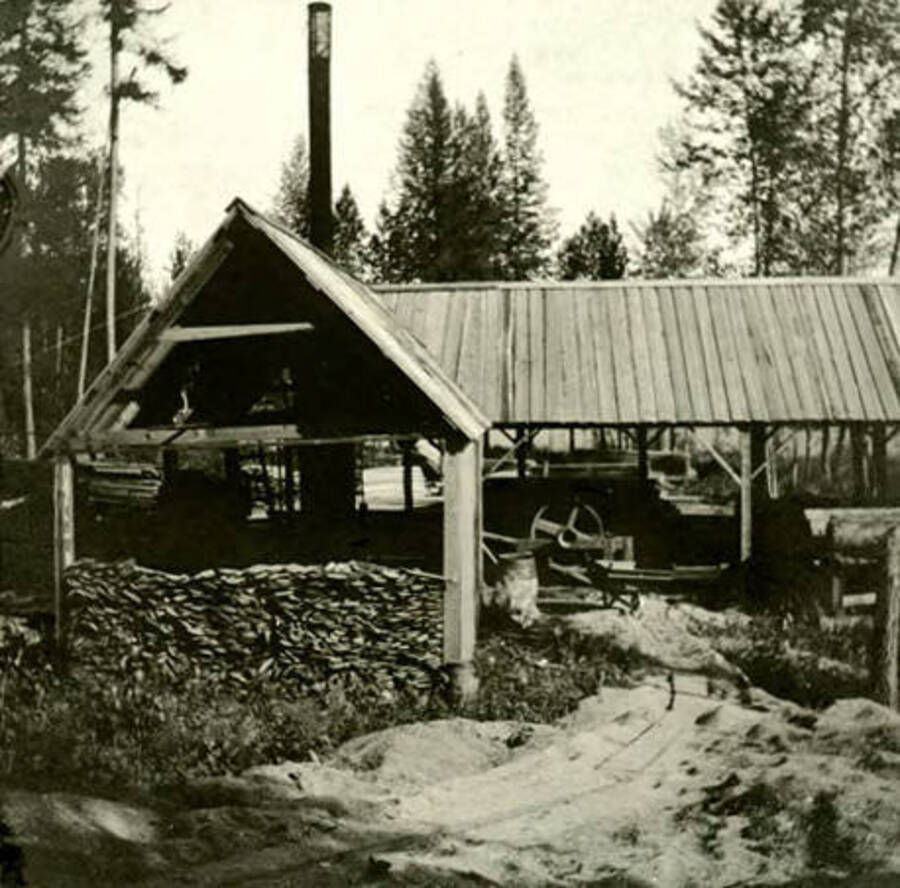 Exterior view of the Marsten Sawmill in Coolin Bay, Idaho. Donated by Marjorie Paul Roberts via Priest Lake Museum.