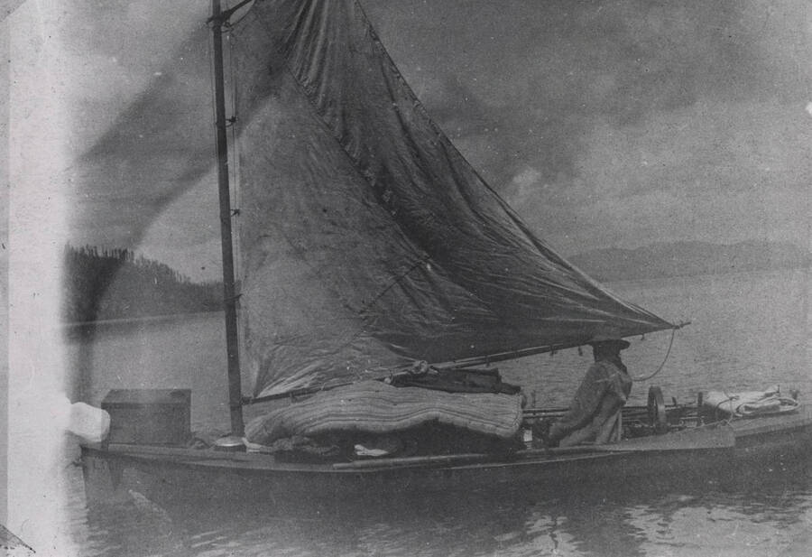 Sailboat Lita on the water. Donated by Harriet (Klein) Allen through Priest Lake Museum.