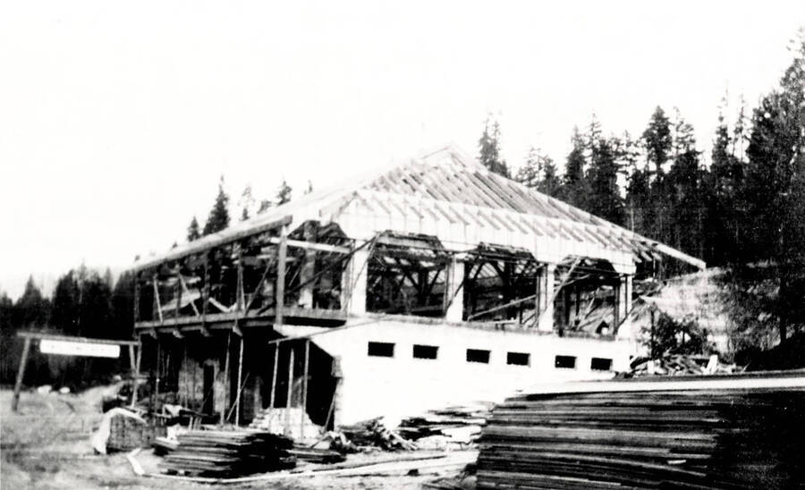 View of the construction on the Leonard Paul Store in Coolin, Idaho. Donated by Marjorie (Paul) Roberts through Priest Lake Museum.