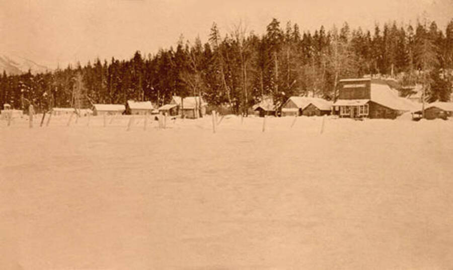 Coolin waterfront showing store and marina during the winter. Coolin, Idaho. Donated by Harriet (Klein) Allen via Priest Lake Museum.