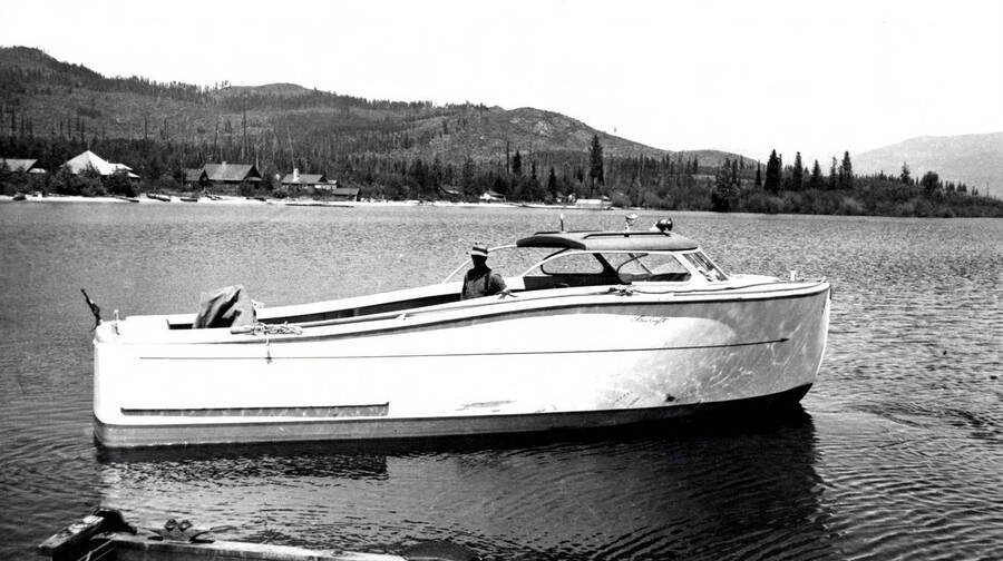 Side view of S-H Company Steelcraft boat at Kalispell Bay. Priest Lake, Idaho.