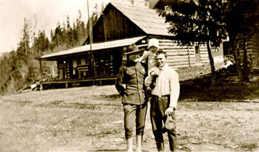 Photograph of Paul Mears, Leonard Paul, Marjorie Paul in front of the Leonard Paul store. Coolin, Idaho. Donated by Marjorie Paul Roberts via Priest Lake Mus.. Date: 1916
