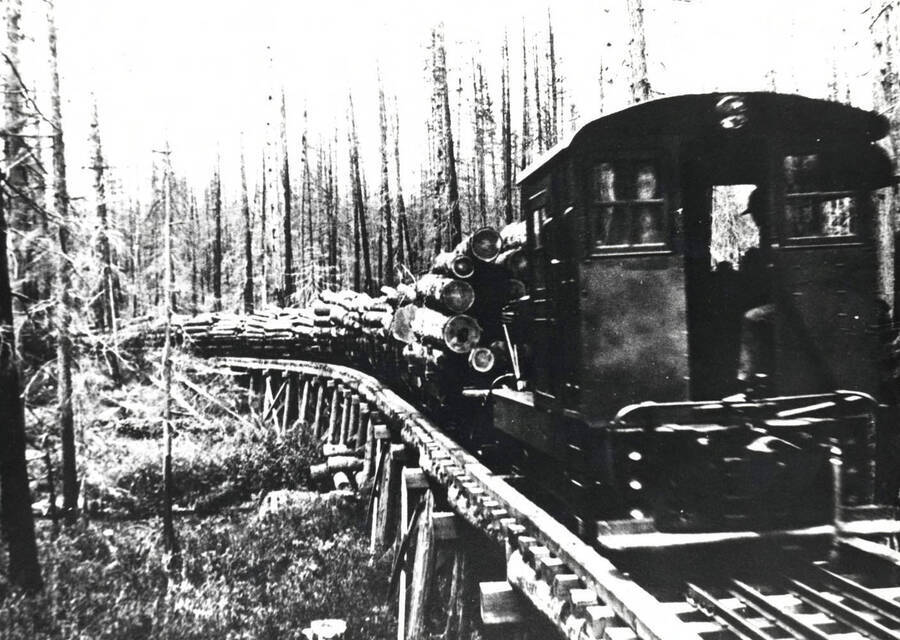 The Diamond Match Company locomotive 'Lakeshore Limited' haulding timber. Crossing at Kalispell Creek.
