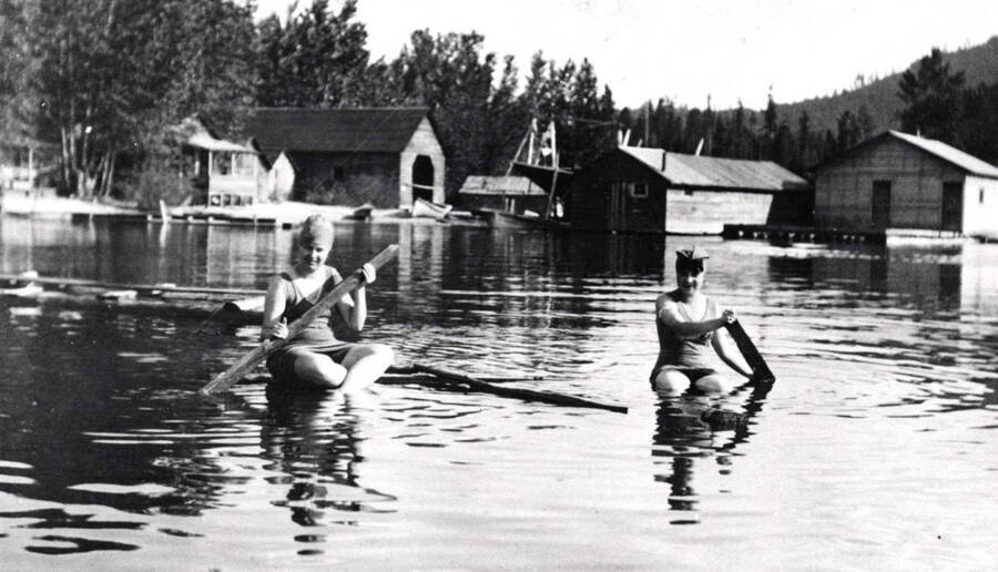 Edith Phelan and Harriet Kline in the water at Coolin, Idaho. Donated by Harriet (Klein) Allen through Priest Lake Museum.