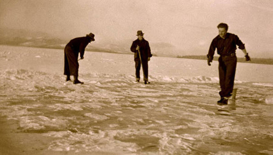 Flooding the ice in front of Paul Jones Beach. Leonard Paul in the center. Coolin, Idaho. Donated by June Paul Paley through Priest Lake Museum.