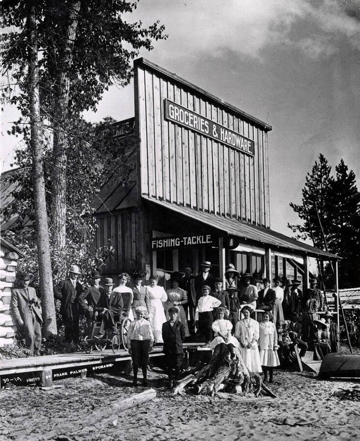 Group of people in front of the Coolin Grocery and Hardware Store in Coolin, Idaho. Donated by Harriet (Klein) Allen through Priest Lake Museum.