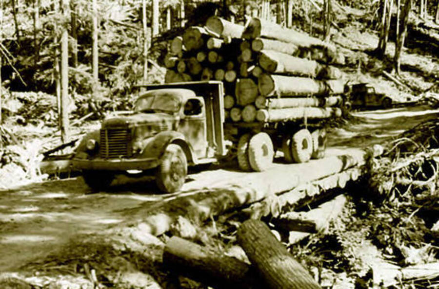A fully loaded log truck crossing over Corduroy Bridge. Donated by June Paul Paley through Priest Lake Museum.