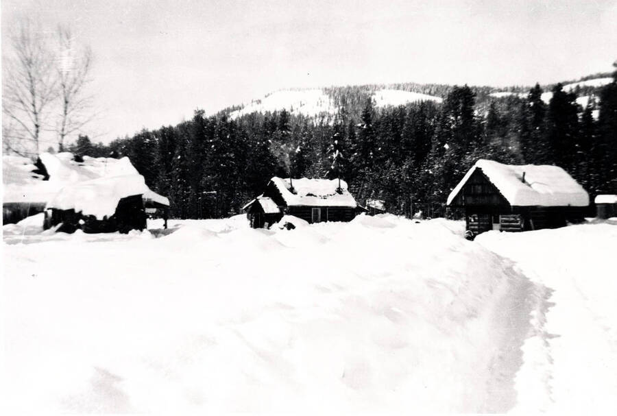 View of snow-covered cabins in Nordman, Idaho. Donated by Dorothy Bruno through Priest Lake Museum.