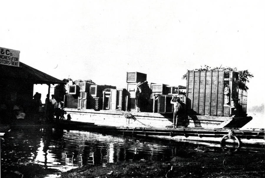 PhByar's barge at dock, loaded with Nell Shipman's animals.