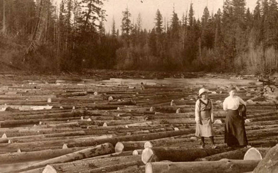 Two women stadnding on logs. Donated by Viv Beardmore through Priest Lake Museum.