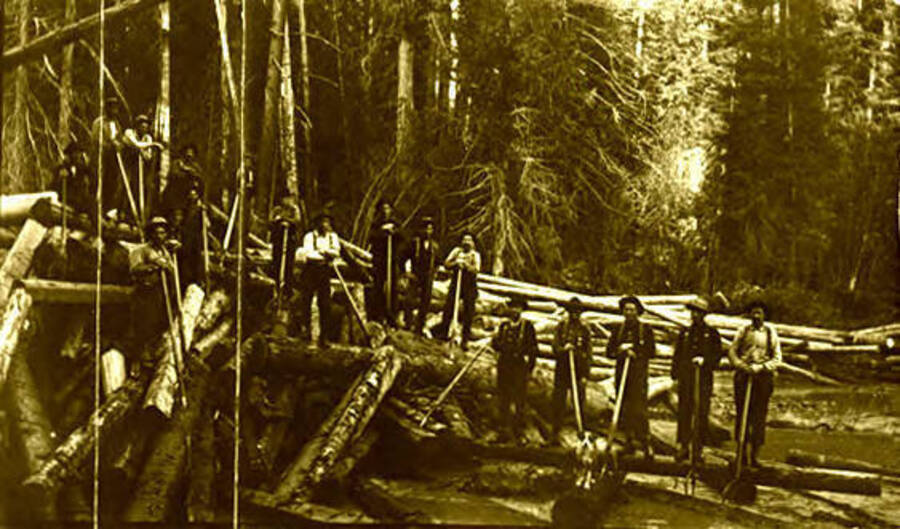 The Beardmore river crew working on a log jam on Priest River, Idaho. Donated by Viv Beardmore through Priest Lake Museum.