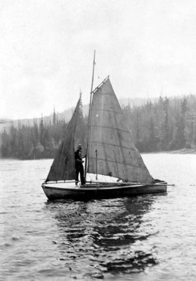 A sailboat rigged by Ivan Painter and Frank Johnson. Donated by G. Black through Priest Lake Museum.