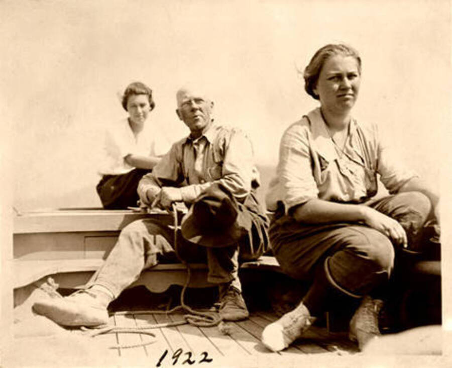 Mr. Seabury, Thora Jackson and Harriet Klein sailing on Mr. Seabury's sailboat. Donated by Harriet (Klein) Allen via Priest Lake Museum.
