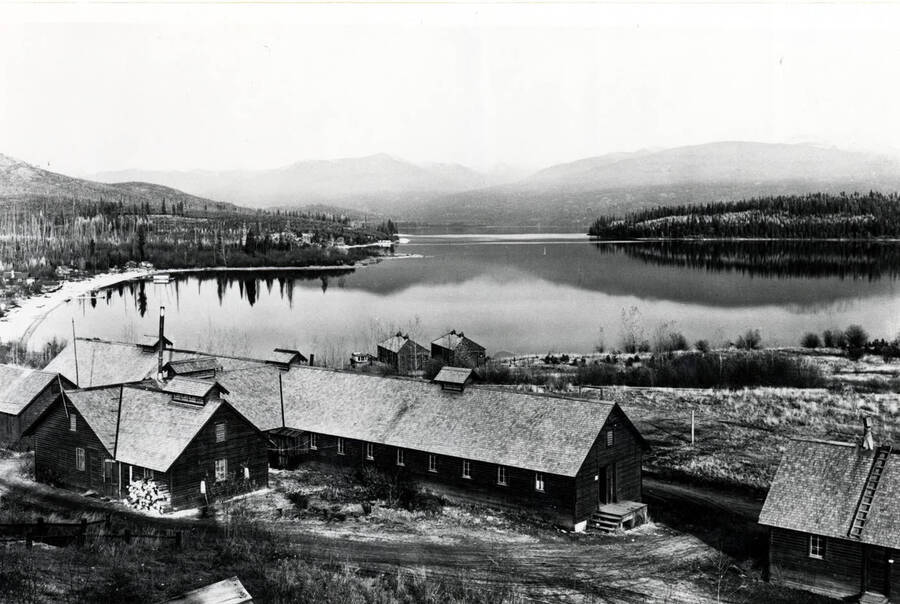 View of CCC camp F-142, Camp Kalispell Bay, Company 1894. Priest River, Idaho.