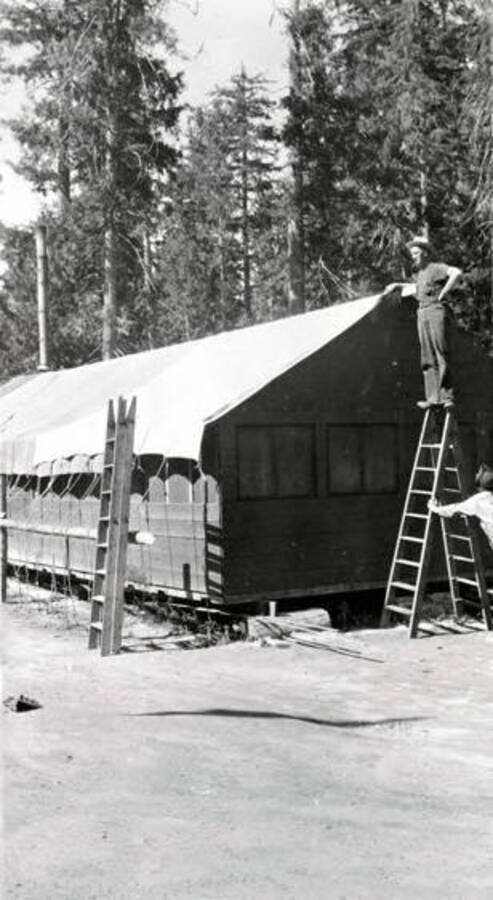 Tarp roof on a CCC camp building. Donated by Red Gasterneau through Priest Lake Museum.