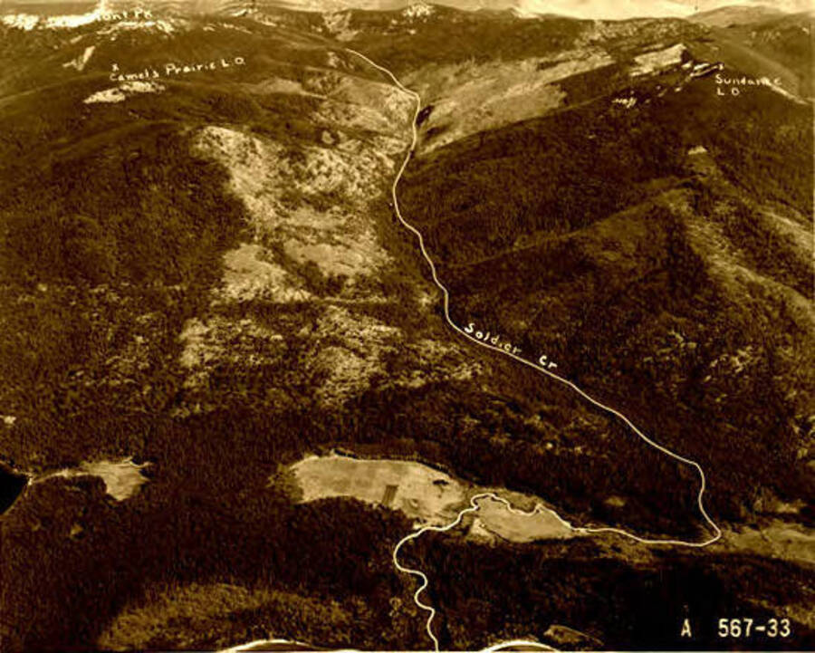 Aerial view of Soldier Creek, Idaho. Donated by Red Gasterneau through Priest Lake Museum.