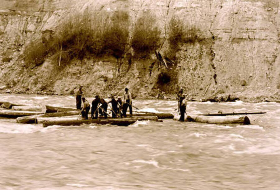 Workers breaking up a log jam on Priest River in Idaho. Donated by Red Gasterneau through Priest Lake Museum.