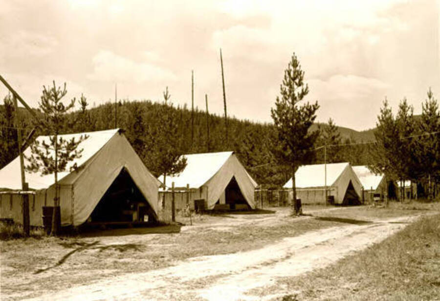 View of tents at the Kalispell Bay Blister Rust Control (BRC) camp. Priest Lake, Idaho. Donated by Red Gasterneau through Priest Lake Museum.
