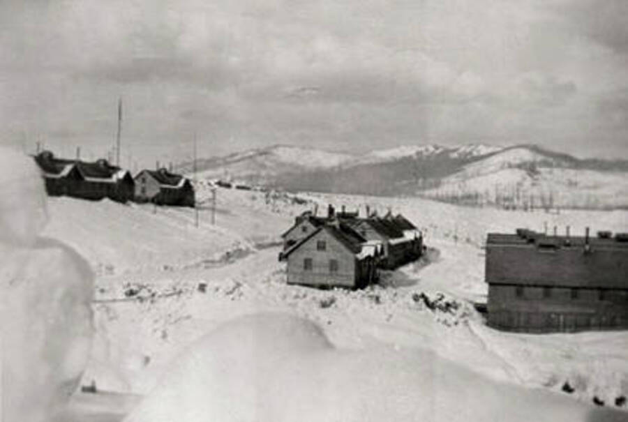 View of a CCC camp during winter. Donated by Red Gasterneau through Priest Lake Museum.