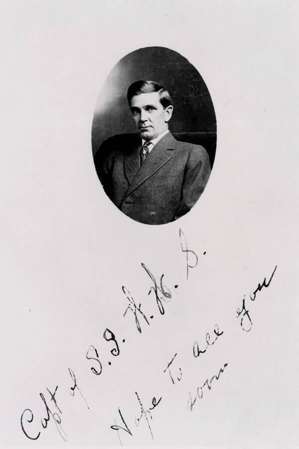 Copy of an autographed postcard portrait of Walter W. Slee. Donated by Harriet (Klein) Allen through Priest Lake Museum.