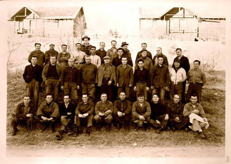 Group photo of Italian internees (POWs?). Donated by Red Gasterneau through Priest Lake Museum.