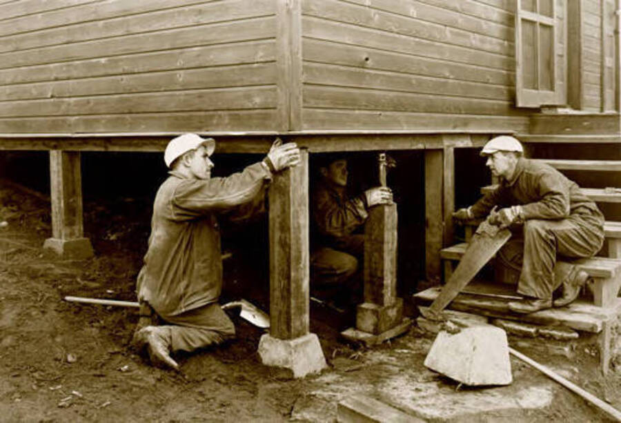 Italian internees building a cabin (POWs). Donated by Red Gasterneau through Priest Lake Museum.