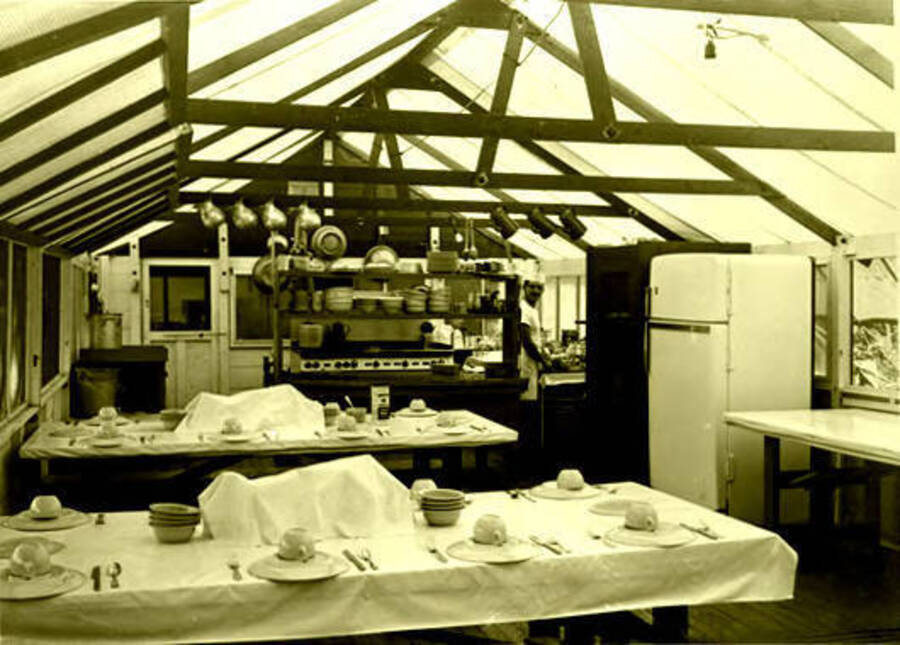 Interior of kitchen for Kalispell Bay Blister Rust Control (BRC) camp. Priest Lake, Idaho. Donated by Red Gasterneau through Priest Lake Museum.