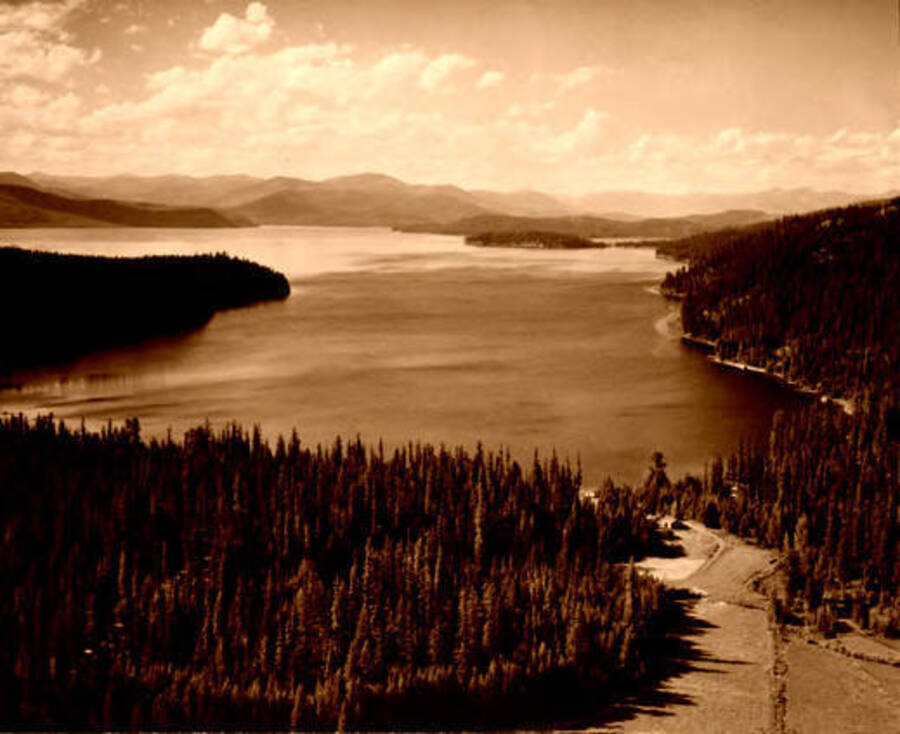 Aerial photo of Cavanaugh Bay, Fenton's Ranch. Priest Lake, Idaho. Donated by Harriet (Klein) Allen via Priest Lake Museum.