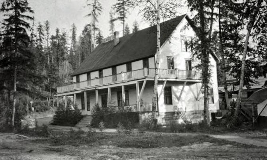 Exterior view of the Idaho Hotel in Coolin, Idaho. Donated by William Warren through Priest Lake Museum.