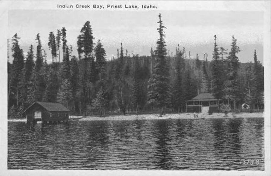 A postcard depicting a cabin on Indian Creek Bay. Priest Lake, Idaho. Donated by Harriet (Klein) Allen via Priest Lake Museum.