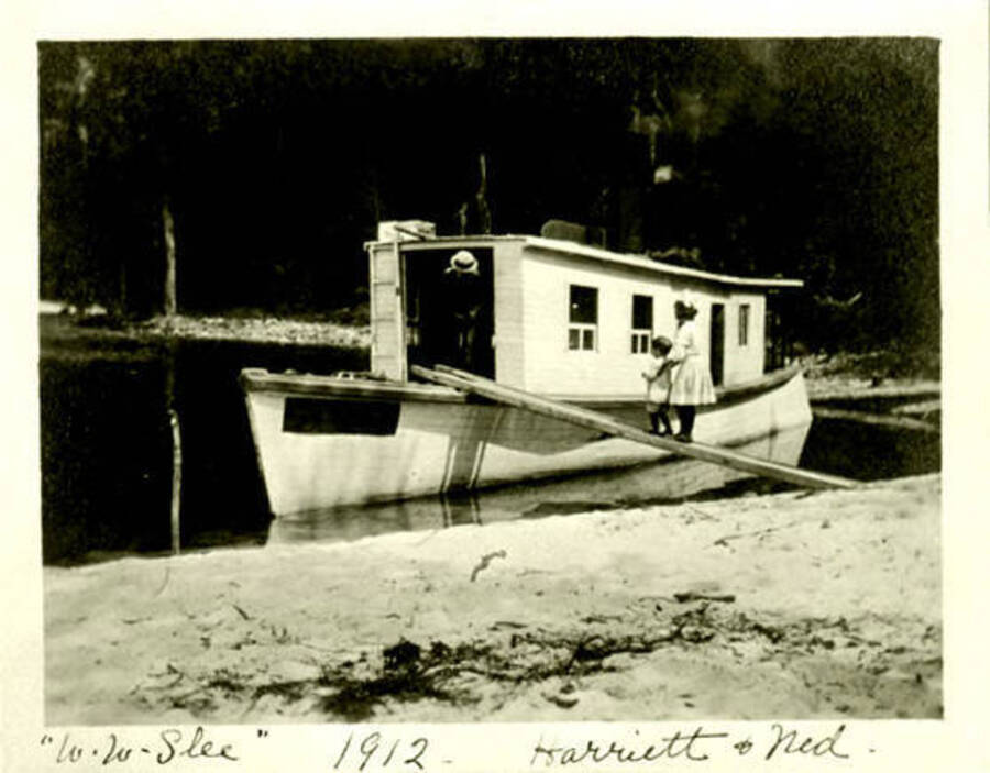 Harriet and Ned Klein on the gang plank of the W. W. Slee boat. Donated by Harriet (Klein) Allen via Priest Lake Museum.