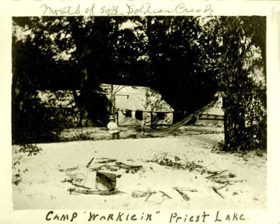 Camp WarKlein tents on a beach near Soldier Creek. Priest Lake, Idaho. Donated by Harriet (Klein) Allen via Priest Lake Museum.