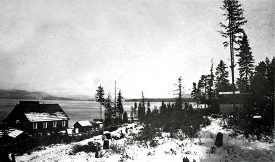 View of the Northern Hotel (left) and the saloon (right). Coolin, Idaho. Donated by William Warren through Priest Lake Museum.