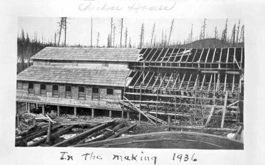 Exterior view of a chicken house under construction. Donated by Dewey Huot through Priest Lake Museum.