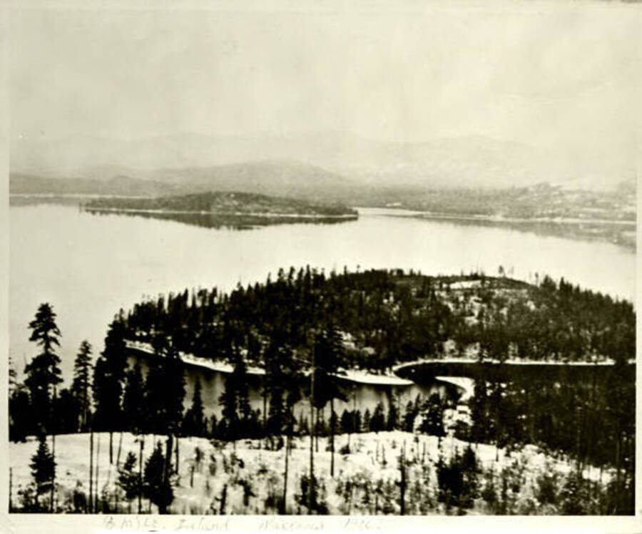 Birdseye view of Eight Mile Island. Priest Lake, Idaho. Donated by Harriet (Klein) Allen via Priest Lake Museum.