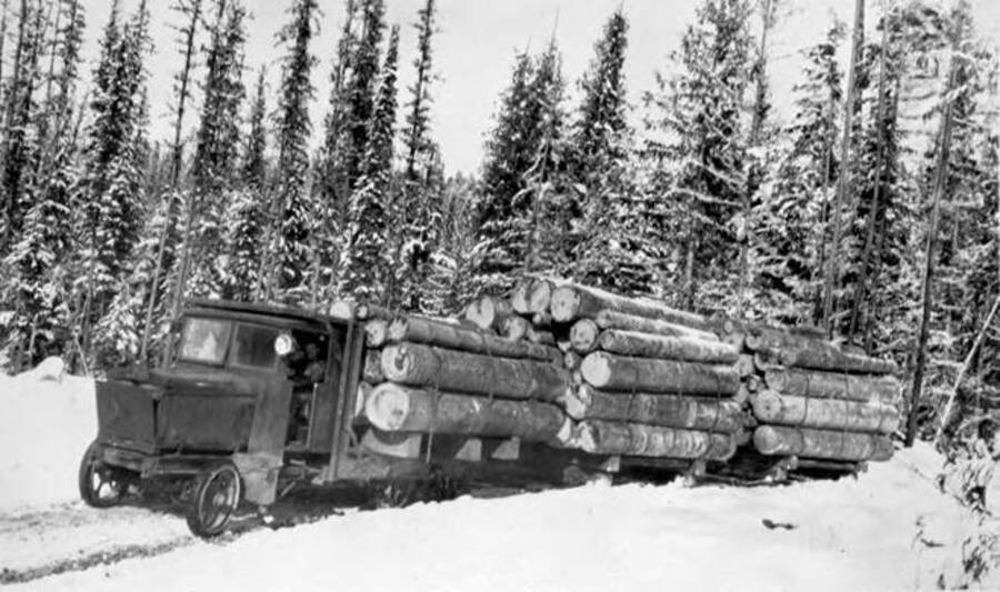 A logging tractor pulling three piles of logs. Donated by Dewey Huot through Priest Lake Museum.