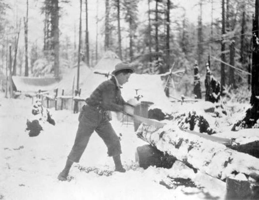 Paul Martin cutting wood in the snow. Zero Creek Planting Camp. Donated by Carl Krueger through Priest Lake Museum.