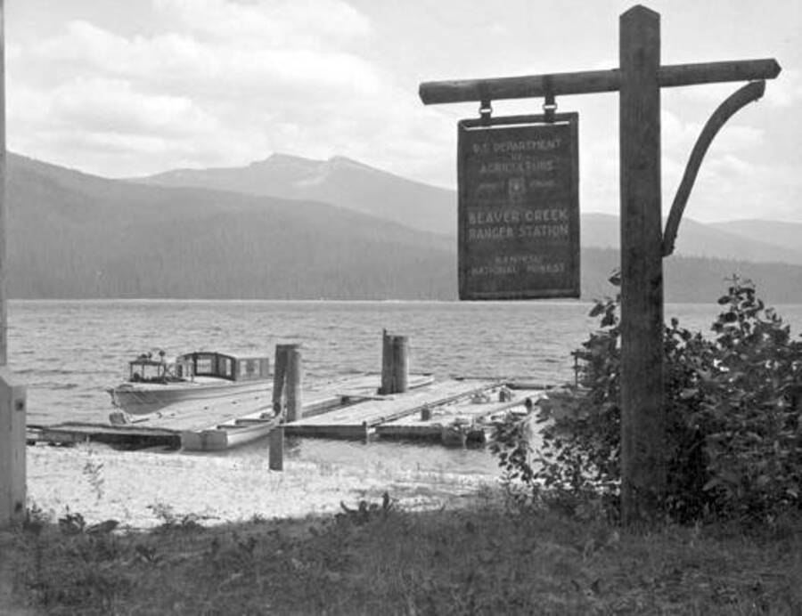 The Kaniksu (boat) at Beaver Creek Ranger Station. Beaver Creek flows into Priest Lake. Donated by Ivan Painter through Priest Lake Museum.