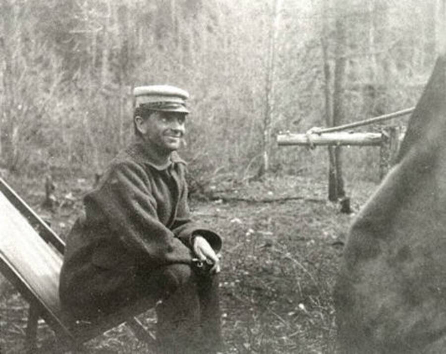 Walter W. Slee seated in a camp chair. Donated by Harriet (Klein) Allen via Priest Lake Musseum.