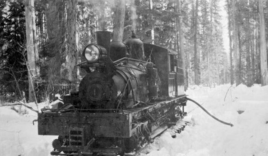 Train engine at Dalkenia Camp 1. Dickensheet [Ford?]. Idaho. Donated by Mike Winslow through Priest Lake Museum.