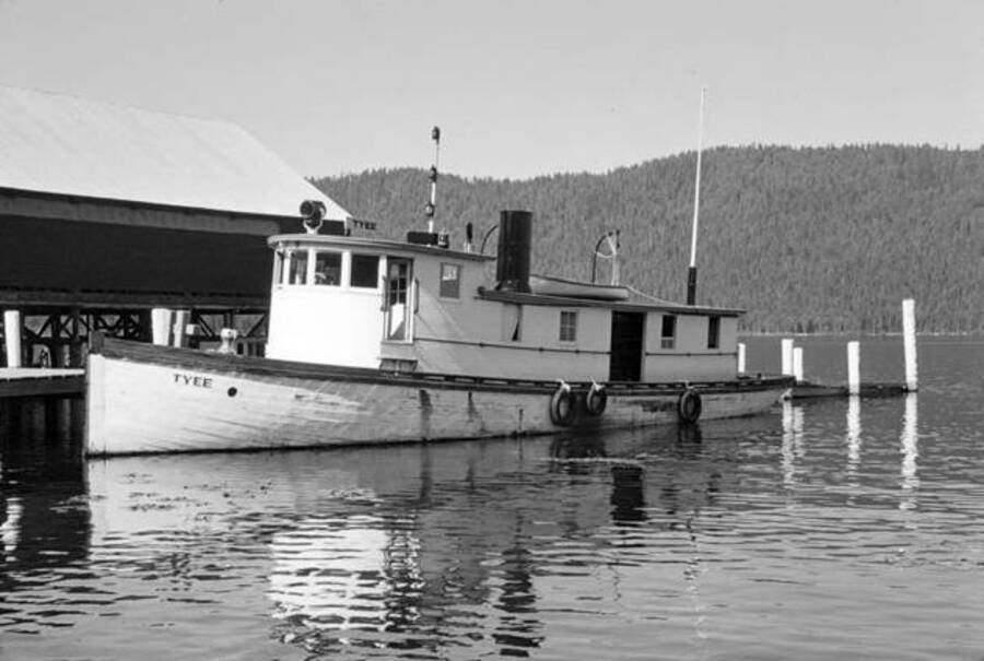 View of the steamboat Tyee sitting at a marina. Donated by Paul Weber through Priest Lake Museum.
