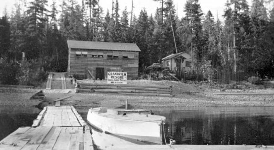 View of Grandview Lodge. Taken from the dock. Priest Lake, Idaho. Donated by Mary Hunt through Priest Lake Museum.