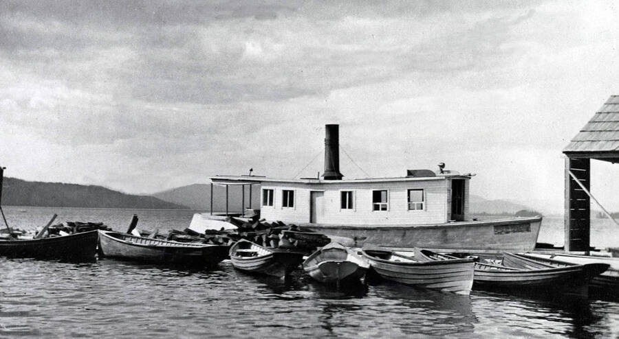 The steamboat W. W. Slee tied up at a dock in Coolin, Idaho. Donated by Marjorie (Paul) Roberts through Priest Lake Museum.