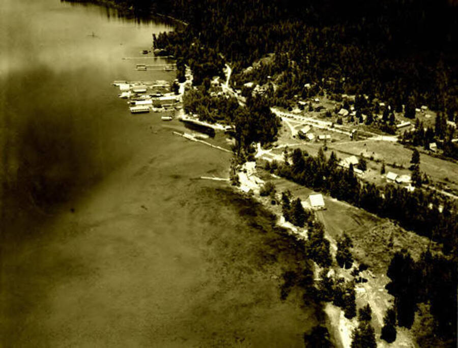 Aerial view of Coolin, Idaho. Donated by Marjorie Paul Roberts via Priest Lake Museum.