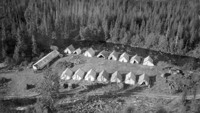 Aerial view of CCC Camp at Granite Creek, Idaho. Donated by Fred Crosetto through Priest Lake Museum.